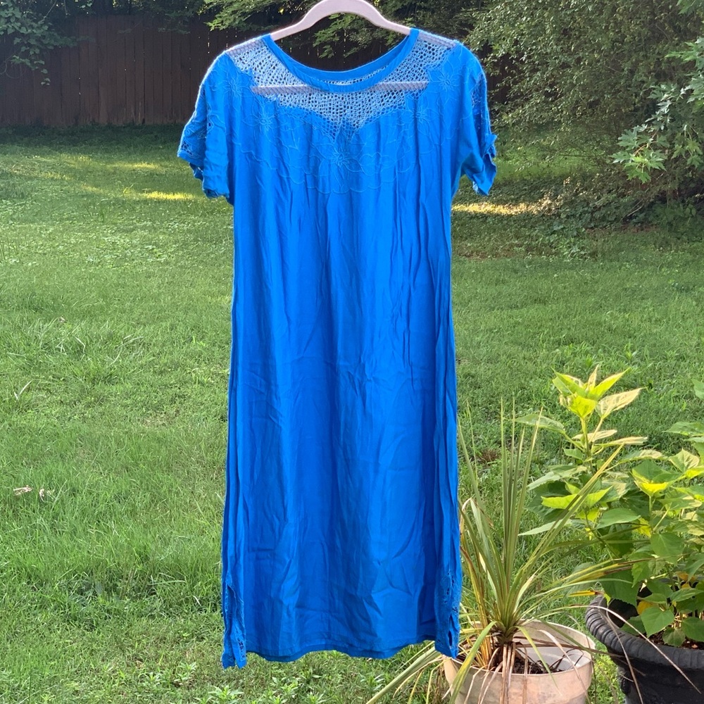 Satyuga Vintage Hawaiian Royal Blue Rayon Midi Dress w/ eyelet detail size small - Picture 13 of 17